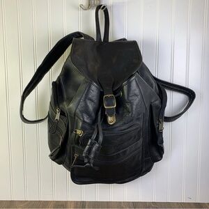 Clava Drawstring Black Leather Backpack with 7 Zippered Pockets Compartments